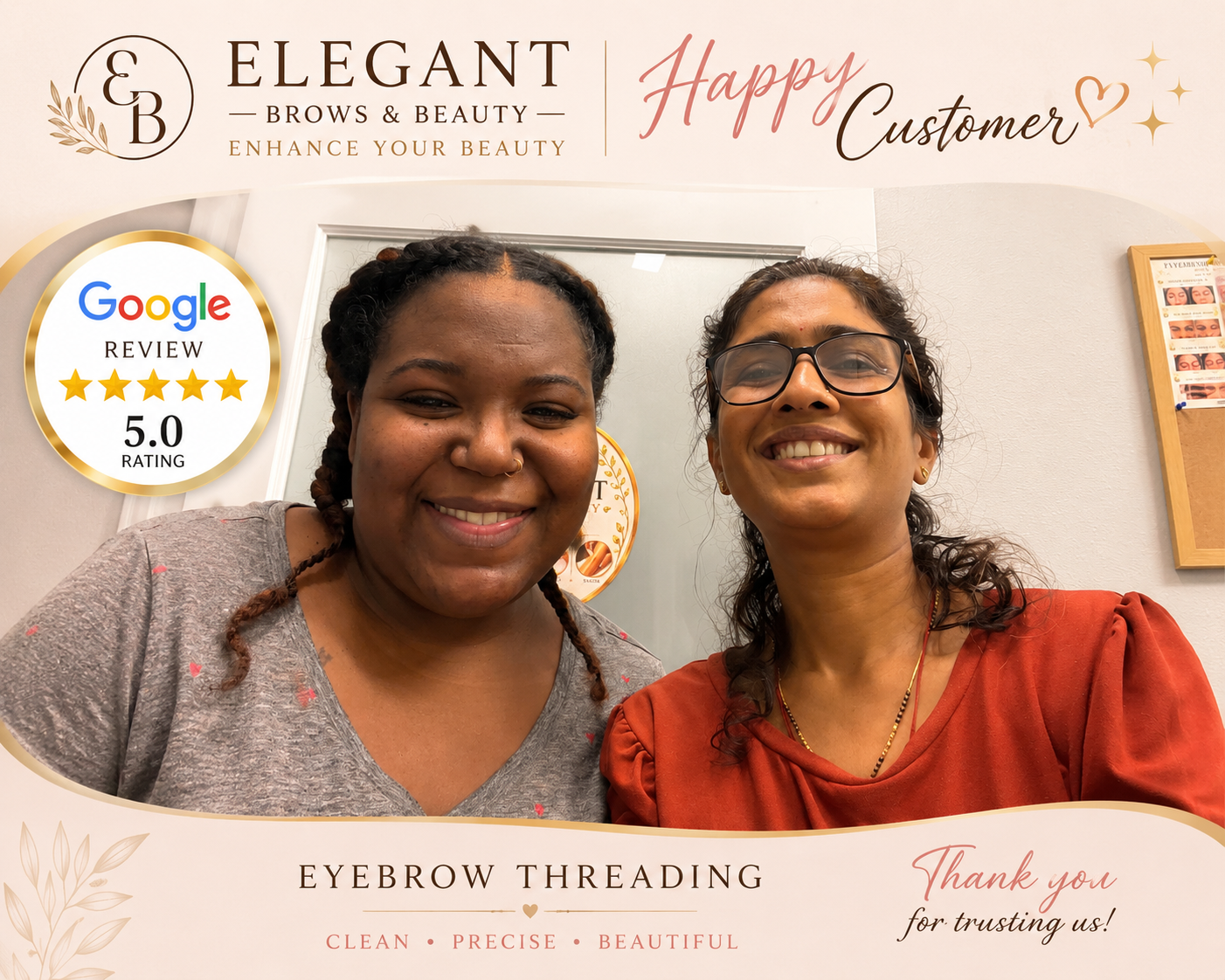 Happy Elegant Brows and Beauty customer with Bhavna