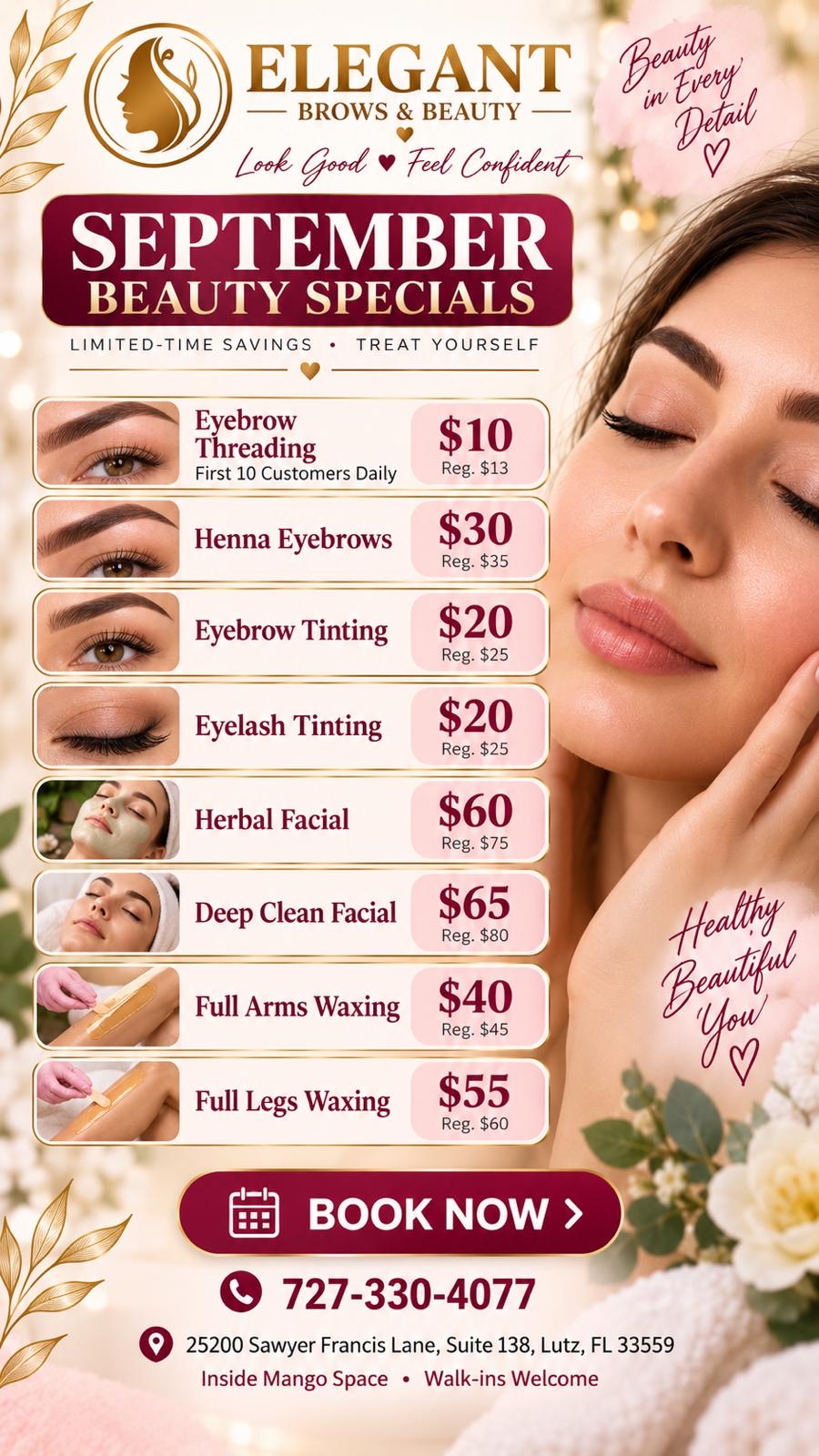 September Beauty Specials at Elegant Brows & Beauty in Lutz: eyebrow threading, henna, brow and lash tinting, facials and waxing. Full prices and the daily threading limit are listed alongside.