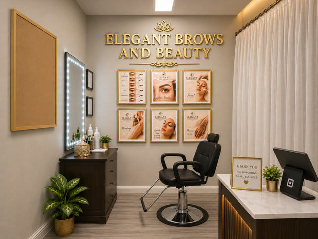 Elegant Brows and Beauty salon chair, mirror and service display